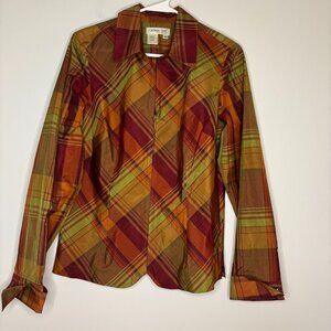 Coldwater Creek Plaid Button-Front Blouse in Rust, Olive & Gold